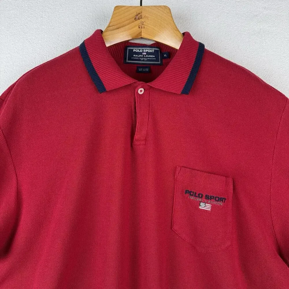 90’s Vintage Ralph Lauren Polo Sport Embroidered Flag Short Sleeve Polo Shirt XL